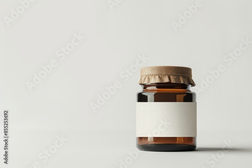 A Rustic Amber Glass Jar With a Blank Label and a Brown Paper Lid