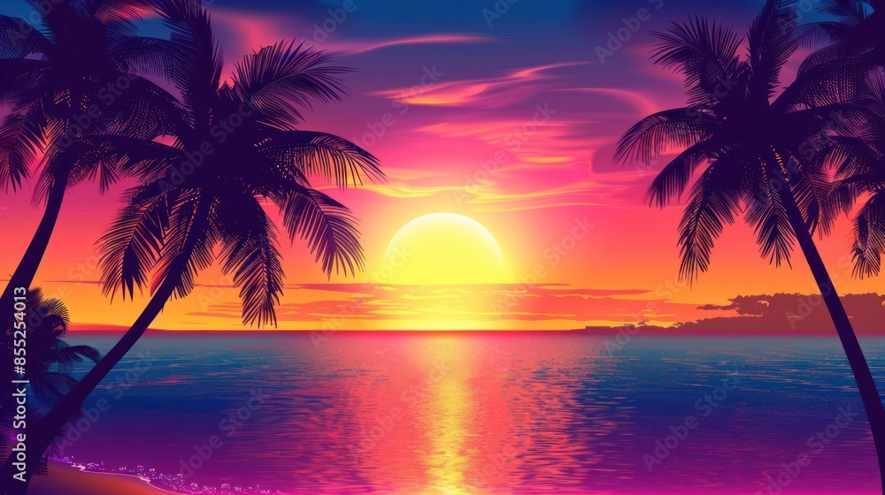 Bright sunset over a tropical sea with palm tree silhouettes and a peaceful beach horizon. Bright sunset over a tropical sea with palm tree silhouettes and a peaceful beach horizon.