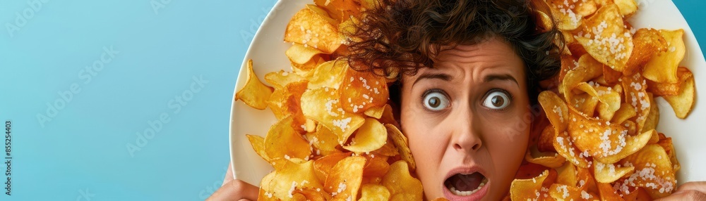 Woman with surprised expression covered in potato chips Woman with surprised expression covered in potato chips