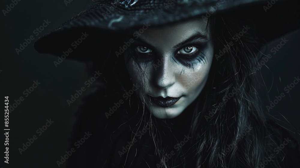 Spooky Woman with Dark Makeup and Witch Hat Spooky Woman with Dark Makeup and Witch Hat