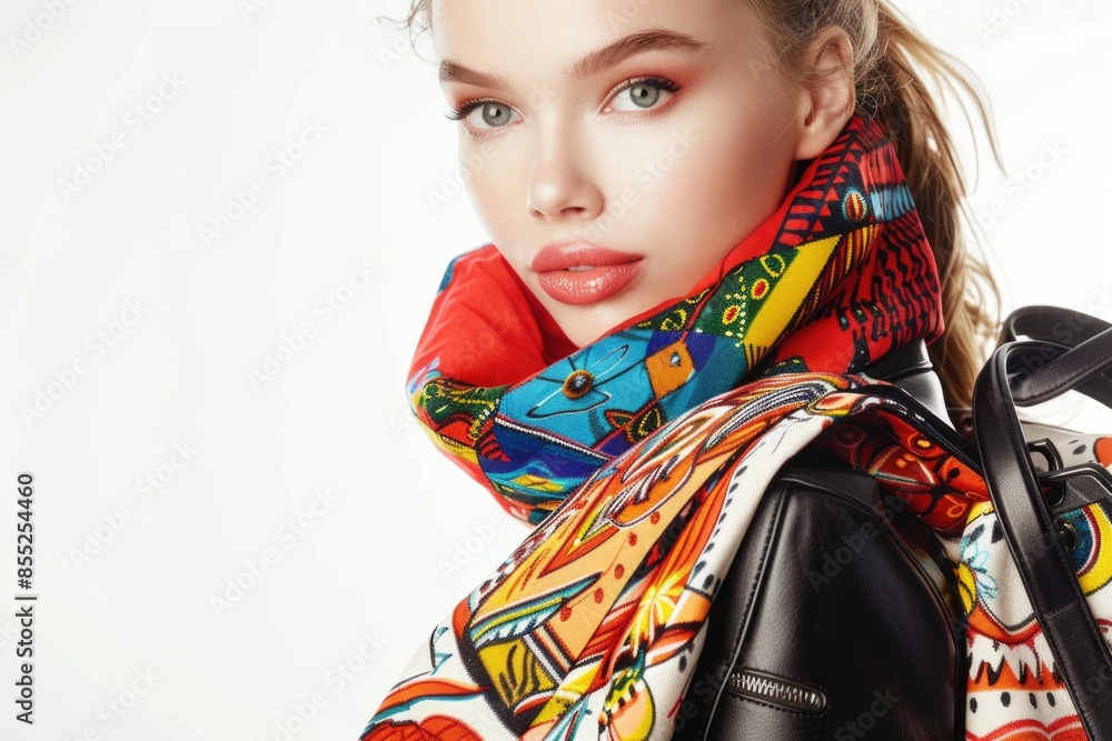 A person wearing a vibrant scarf and matching jacket, ideal for use in lifestyle or fashion contexts A person wearing a vibrant scarf and matching jacket, ideal for use in lifestyle or fashion contexts