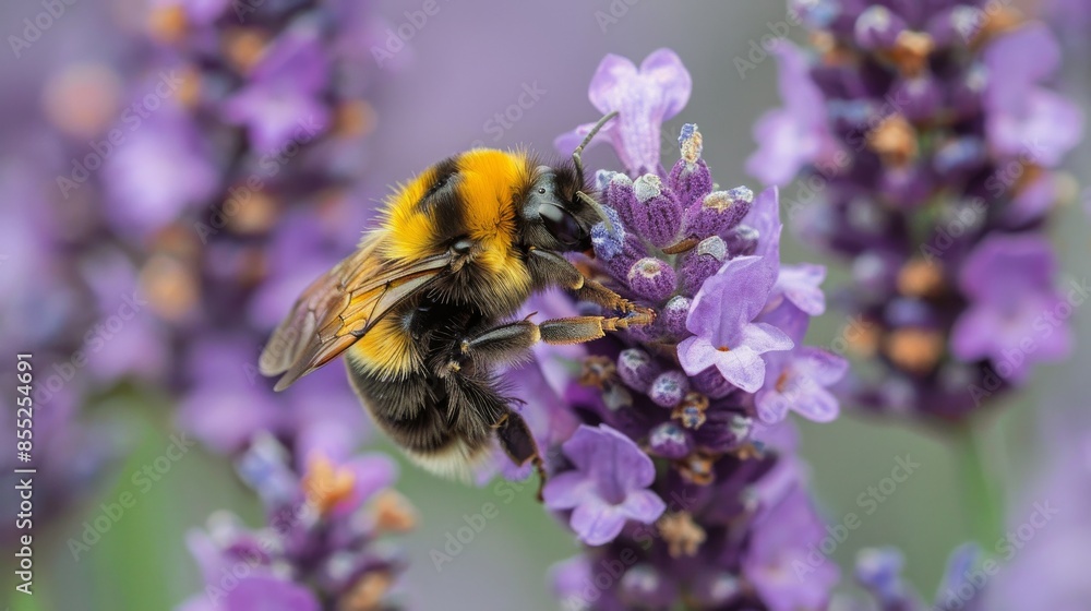 Yellow and Black Bee on Purple Flower Yellow and Black Bee on Purple Flower