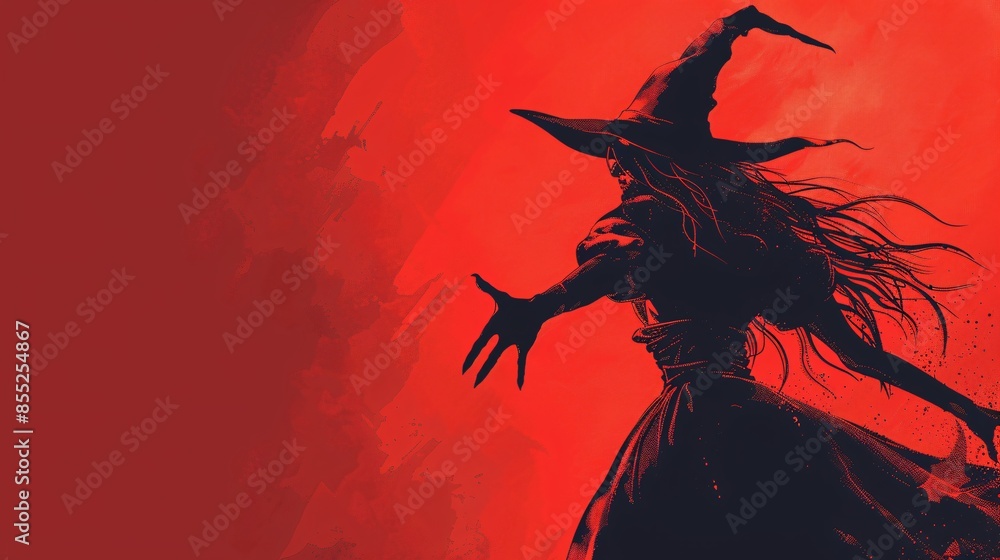 Fototapeta premium Silhouette of a Witch on Red Background
