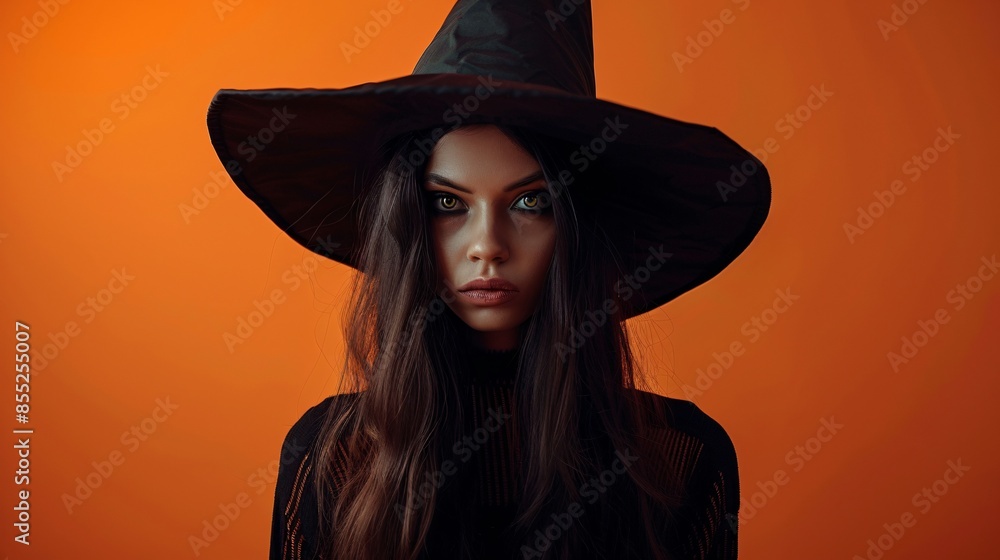 Woman in witch costume with orange background close-up Woman in witch costume with orange background close-up