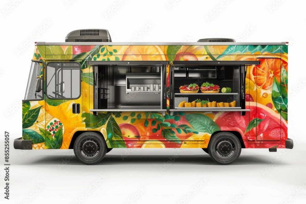A Vibrant Citrus Food Truck Serving Fresh Delights on a Sunny Day