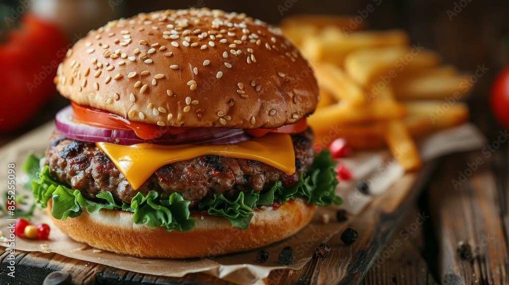 Cheeseburger and Fries on Wooden Table Cheeseburger and Fries on Wooden Table