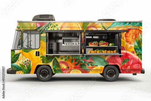 Obraz na płótnie A Vibrant Citrus Food Truck Serving Fresh Delights on a Sunny Day w salonie