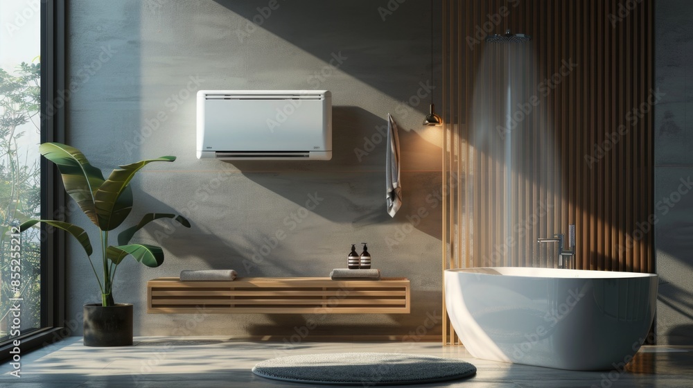 Fototapeta premium A white bathtub situated next to a window, with natural light pouring in