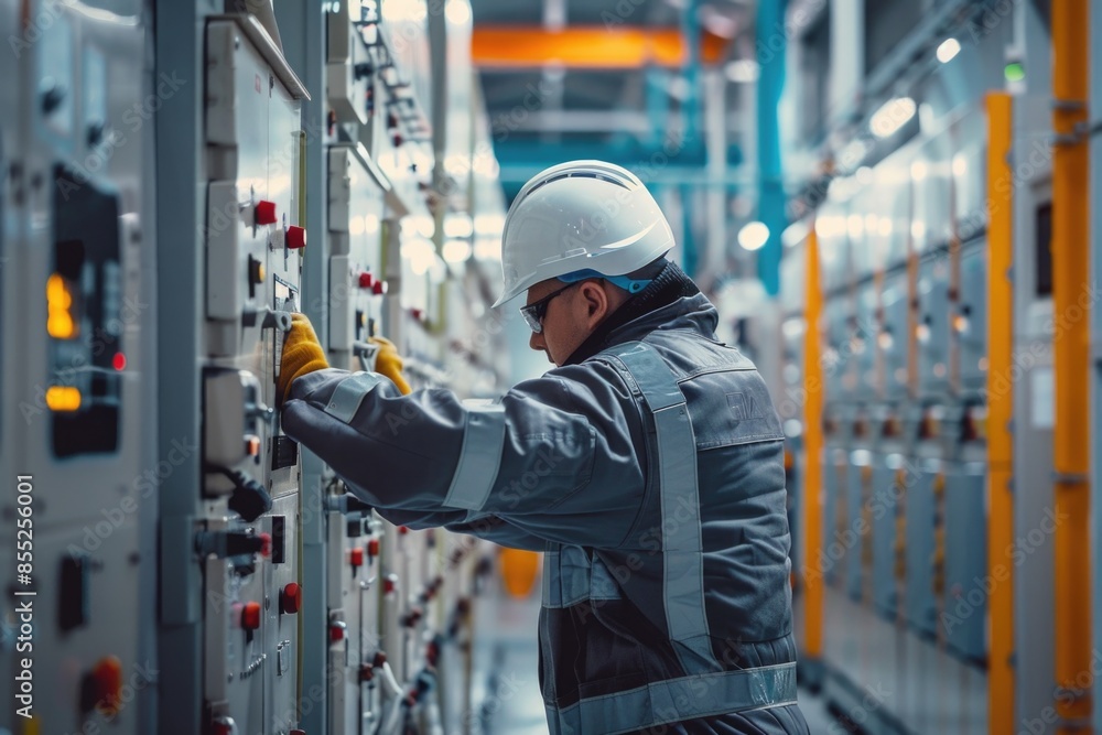 A person wearing a hard hat works on industrial equipment A person wearing a hard hat works on industrial equipment