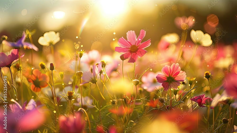 Bright sunlight shining on vibrant flower field Bright sunlight shining on vibrant flower field
