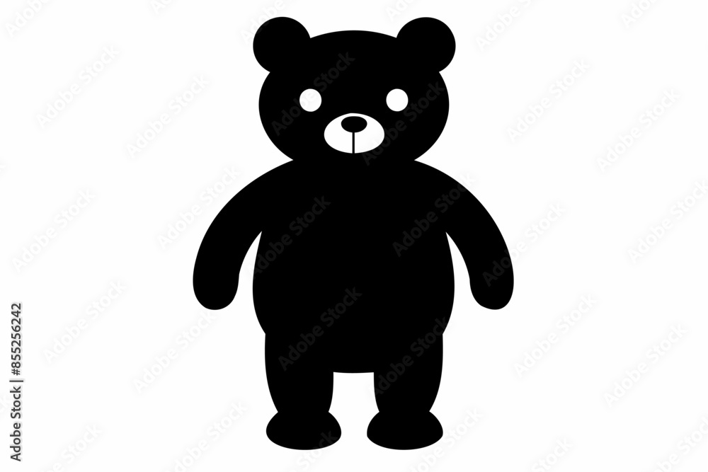 Black silhouette of a toy bear standing on a white background. Cute baby plush bear. Concept of kids toys, childhood, fun, game, playtime, minimalist design. Print, icon, design element. Graphic art Black silhouette of a toy bear standing on a white background. Cute baby plush bear. Concept of kids toys, childhood, fun, game, playtime, minimalist design. Print, icon, design element. Graphic art