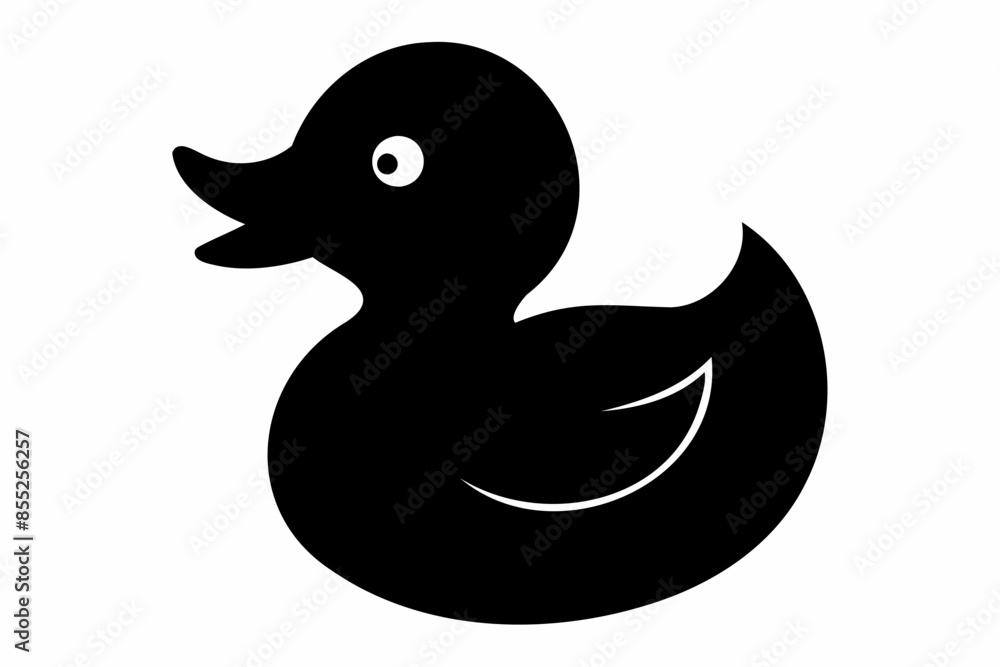 Black silhouette of a rubber duck isolated on a white background. Bath toy duck icon. Concept of minimalism, bath toy, simple design. Print, icon, logo, template, design element. Graphic art Black silhouette of a rubber duck isolated on a white background. Bath toy duck icon. Concept of minimalism, bath toy, simple design. Print, icon, logo, template, design element. Graphic art