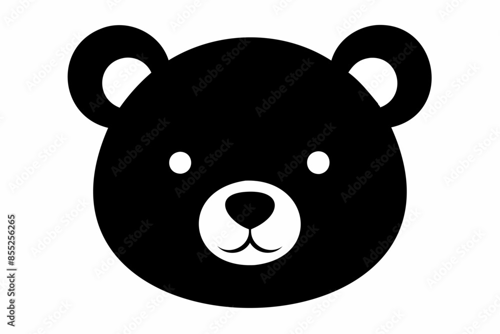 Naklejka premium Black silhouette of a toy bear face isolated on a white background. Cute baby plush bear head. Concept of kids toys, childhood, fun, game, playtime, minimalist design. Print, icon, design element