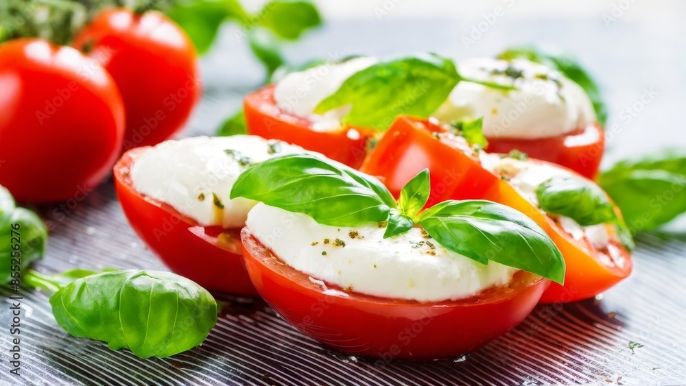 Tomatoes with mozzarella slices, basil leaves and olive oil. Tomatoes with mozzarella slices, basil leaves and olive oil.