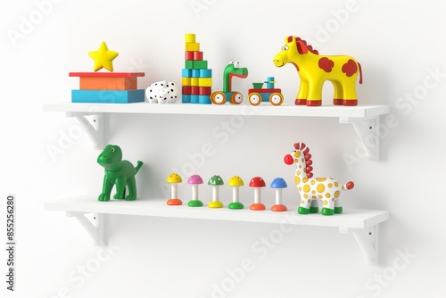 A Colorful Collection of Toys on White Shelves