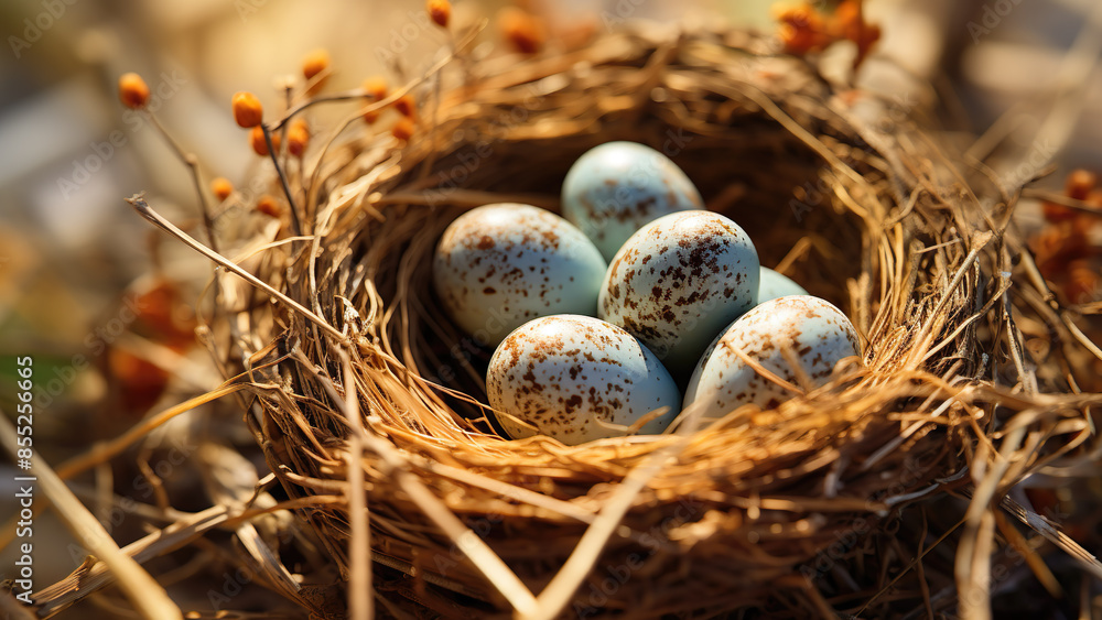 Fototapeta premium Bird Nest - Eggs, Nature, Microphotography, Close-up, Detailed, Magnified, High-Resolution, Professional, Focus