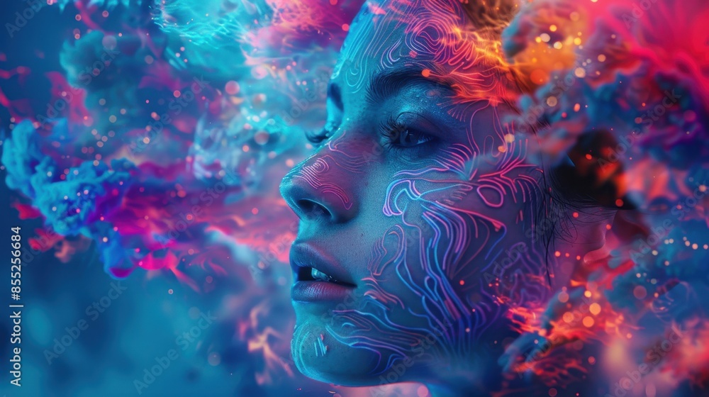 A woman's face is partially obscured by abstract glowing lines, set against a vibrant background of blue and red. A woman's face is partially obscured by abstract glowing lines, set against a vibrant background of blue and red.