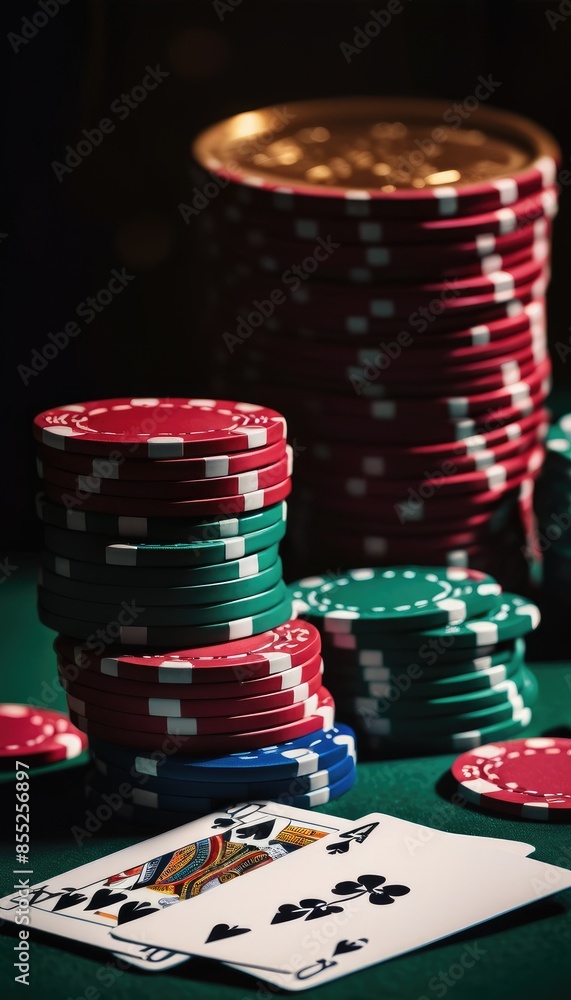 Stacks of red, black, and white poker chips alongside playing cards, evoking the thrill of a poker game Stacks of red, black, and white poker chips alongside playing cards, evoking the thrill of a poker game