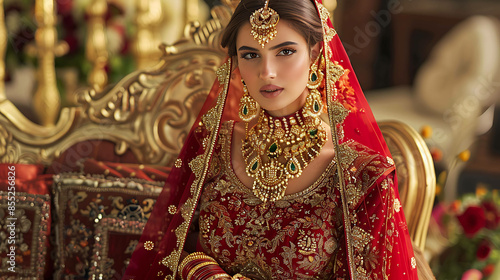 A beautiful young woman in a red dress and gold jewelry sits on a throne. She is looking at the camera with a serious expression. photo
