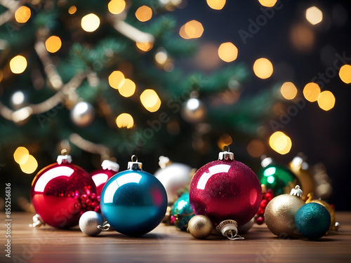 Christmas Tree With Baubles And Blurred Shiny Lights design