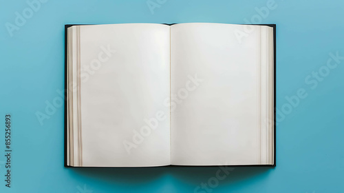 Open book with blank pages on blue background.