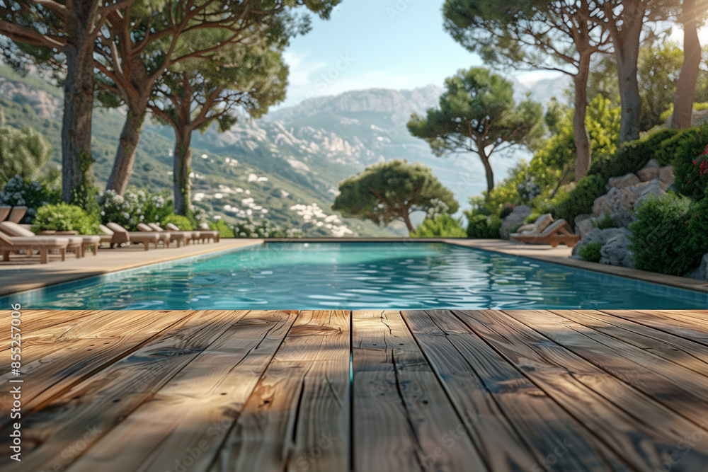 Obraz premium Blurred Costa brava background with a white table top for product display presentation, a luxurious swimming pool and pine trees at a luxury resort hotel in the Mediterranean.