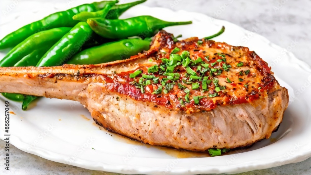 Baked pork chop with Italian herbs in a plate with green pepper. Baked pork chop with Italian herbs in a plate with green pepper.