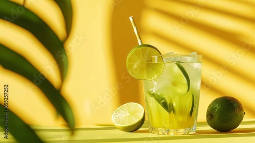 Refreshing summer caipirinha cocktail with lime on yellow background   tropical drink concept