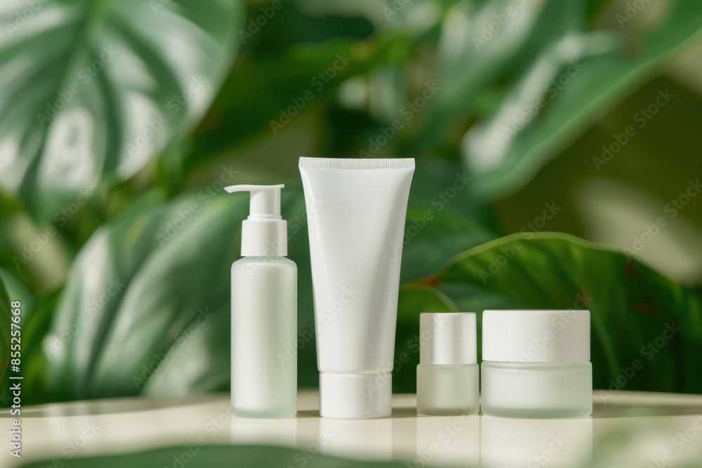 A set of white skincare products with green foliage background. Perfect for beauty and wellness branding. A set of white skincare products with green foliage background. Perfect for beauty and wellness branding.