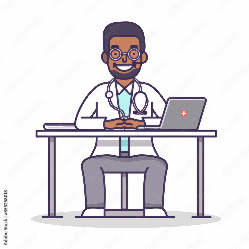 A illustration of a doctor at a computer in an office, capturing a professional medical environment focused on digital healthcare. A illustration of a doctor at a computer in an office, capturing a professional medical environment focused on digital healthcare.