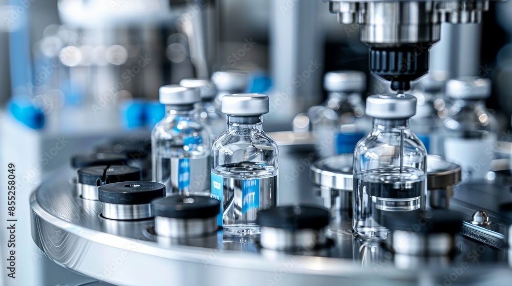 At the factory, medicine is being poured into transparent bottles
At the factory, medicine is being poured into transparent bottles