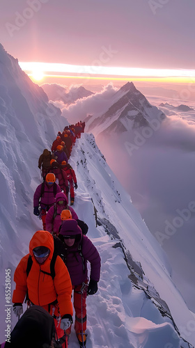 Nepal, Solo Khumbu, Everest, Sagamartha National Park, Roped team ascending, wearing oxigen masks photo