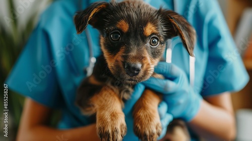 cute puppy held by a veterinarian wearing blue scrubs, highlighting the bond between pets and their caregivers. The scene is warm and caring, showcasing veterinary care