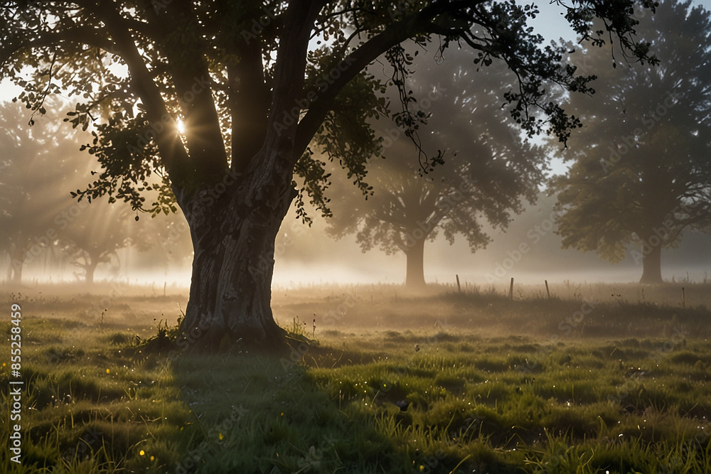 A misty meadow at dawn, with the bokeh of sunlight peeking through the fog. A misty meadow at dawn, with the bokeh of sunlight peeking through the fog.