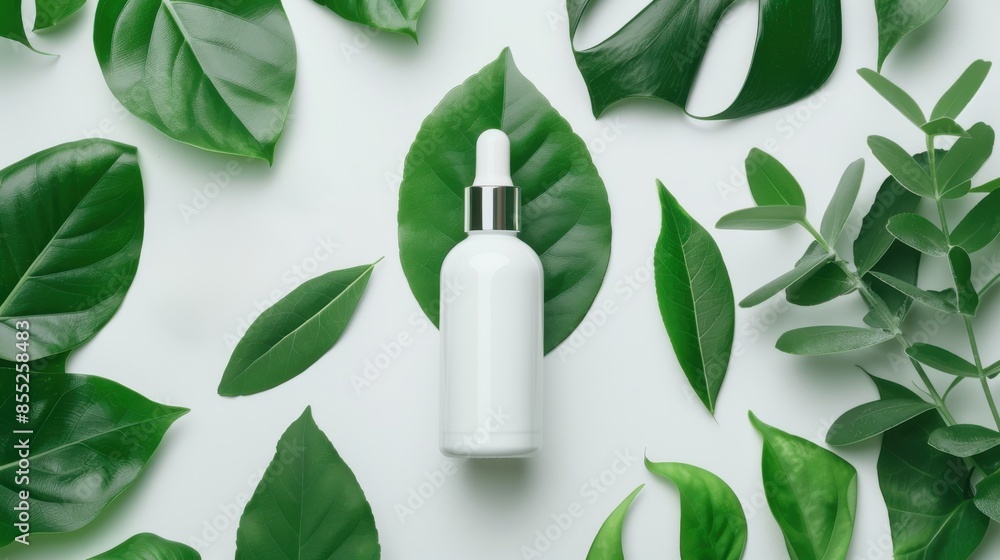 A white bottle of serum with a dropper surrounded by green leaves on a white background. A white bottle of serum with a dropper surrounded by green leaves on a white background.