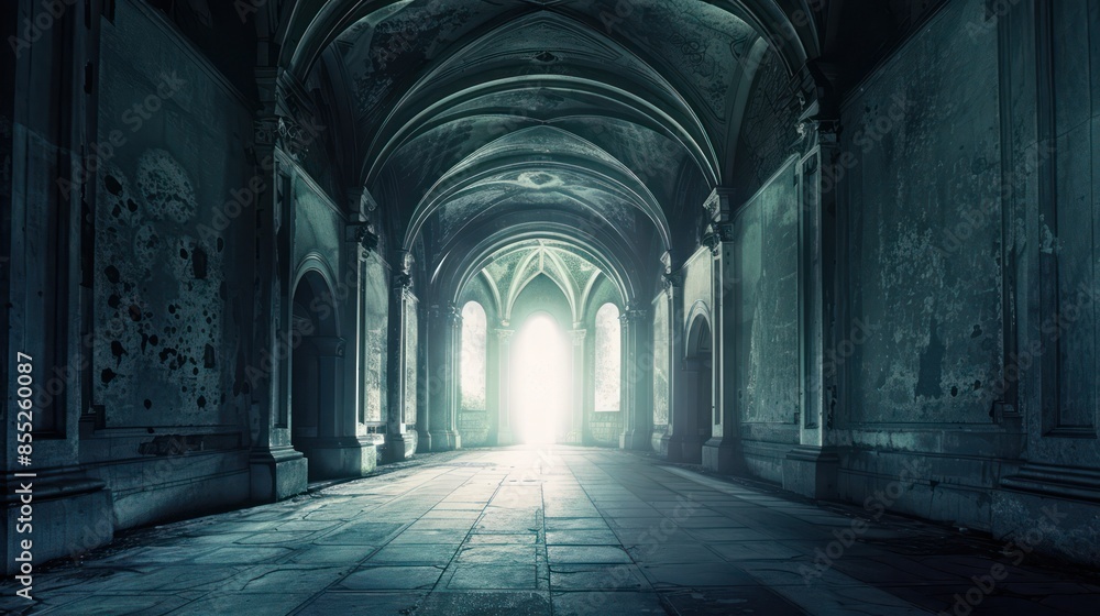Fototapeta premium An eerie and atmospheric gothic corridor with arches leading to a brightly lit exit, invoking a sense of mystery and the unknown