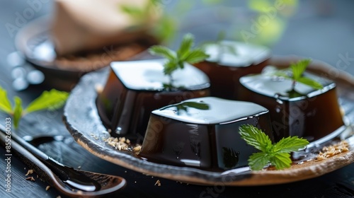 Herbal Dessert Made with Grass Jelly and Milk Mesona Chinensis photo