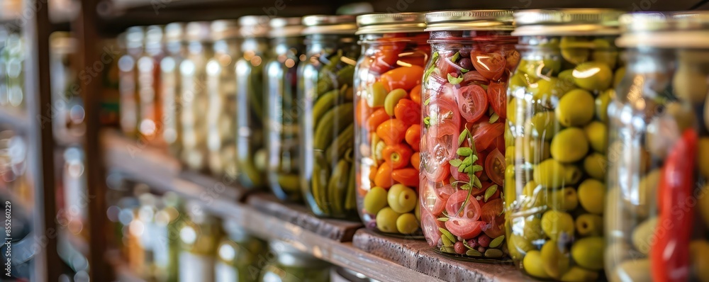 Assortment of preserved vegetables in glass jars on shelves. Assortment of preserved vegetables in glass jars on shelves.