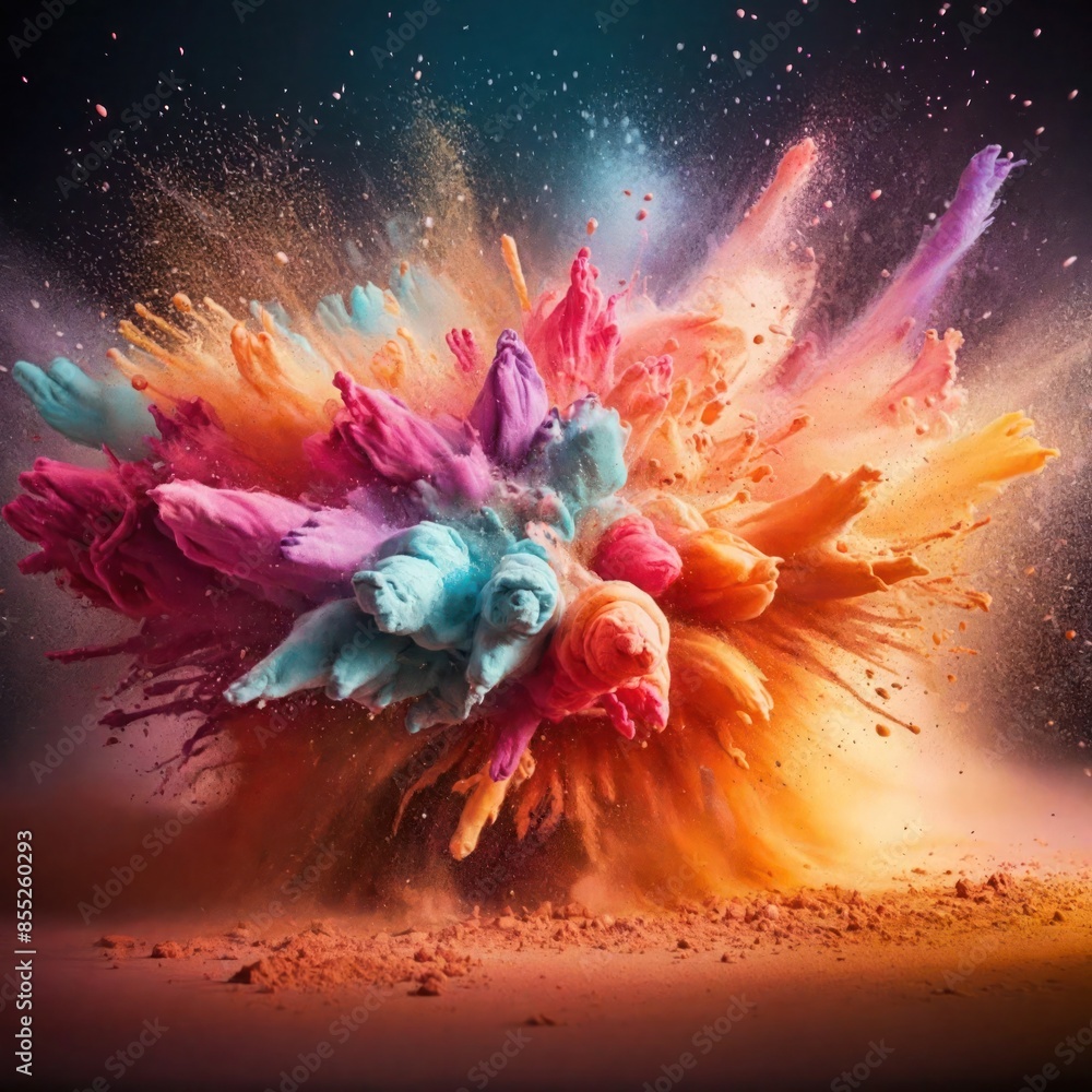 Fototapeta premium Holi clip art coloured powder splashes in the air,isolated on dark background.