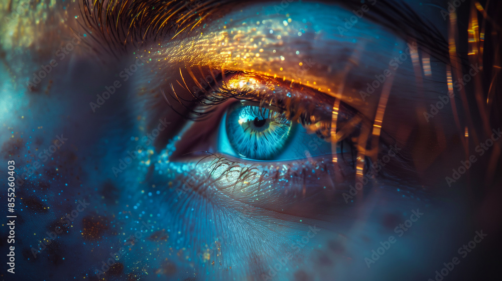 A close-up of the blue eye of a woman with freckles on her face and the sun's rays falling on her face A close-up of the blue eye of a woman with freckles on her face and the sun's rays falling on her face
