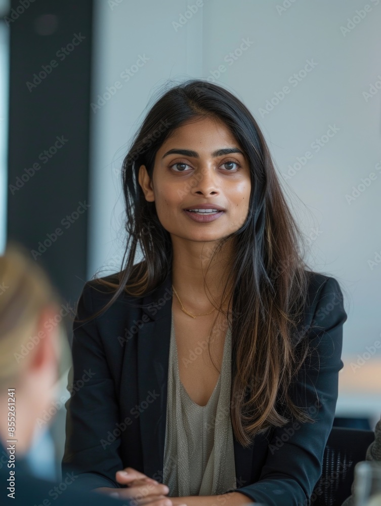 A woman sits at a table with another woman, engaged in a conversation A woman sits at a table with another woman, engaged in a conversation