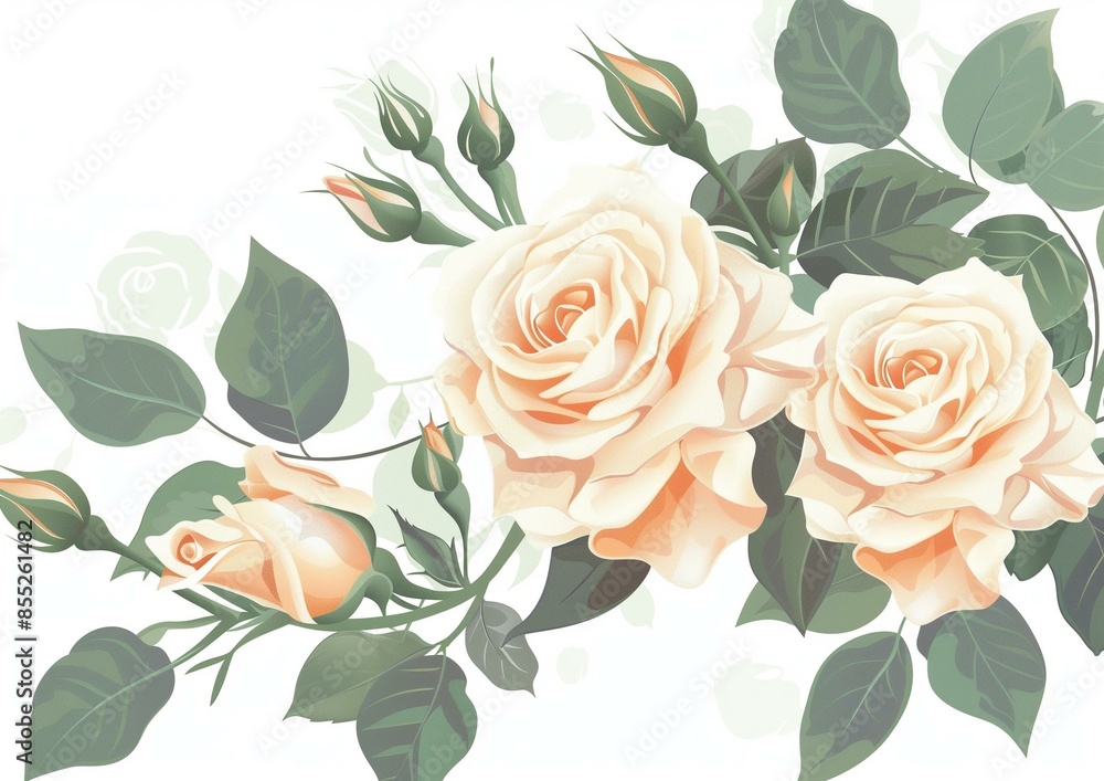 Fototapeta premium Elegant Cream Roses with Green Leaves on White Background.