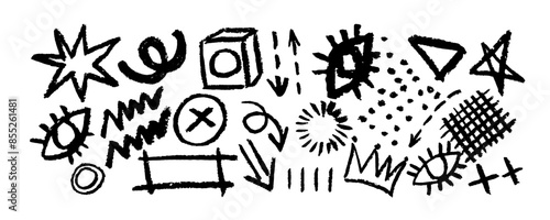 Set of charcoal drawn symbols: eyes, stars,  crowns, arrows, crosses, swirls and dots with dry brush texture. Exclamation and question marks. Bold graffiti style shapes. Vector trendy illustration.