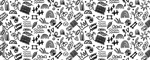 Vector seamless pattern with charcoal graffiti doodle punk and girly shapes. Hand drawn abstract scribbles and squiggles, creative various shapes, pencil drawn icons. Scribbles, scrawls, stars,grid,