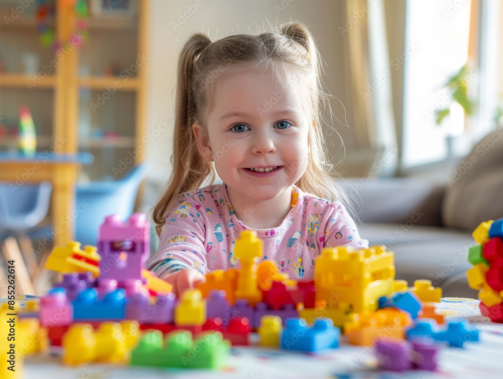 Candid portrait of a smiling little girl with ponytails playing with a lot of colorful block pieces making constructions while sitting at a table at home Candid portrait of a smiling little girl with ponytails playing with a lot of colorful block pieces making constructions while sitting at a table at home