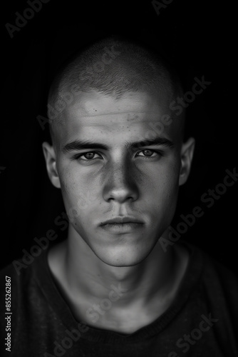black & white portrait of young man with shaved head, black background