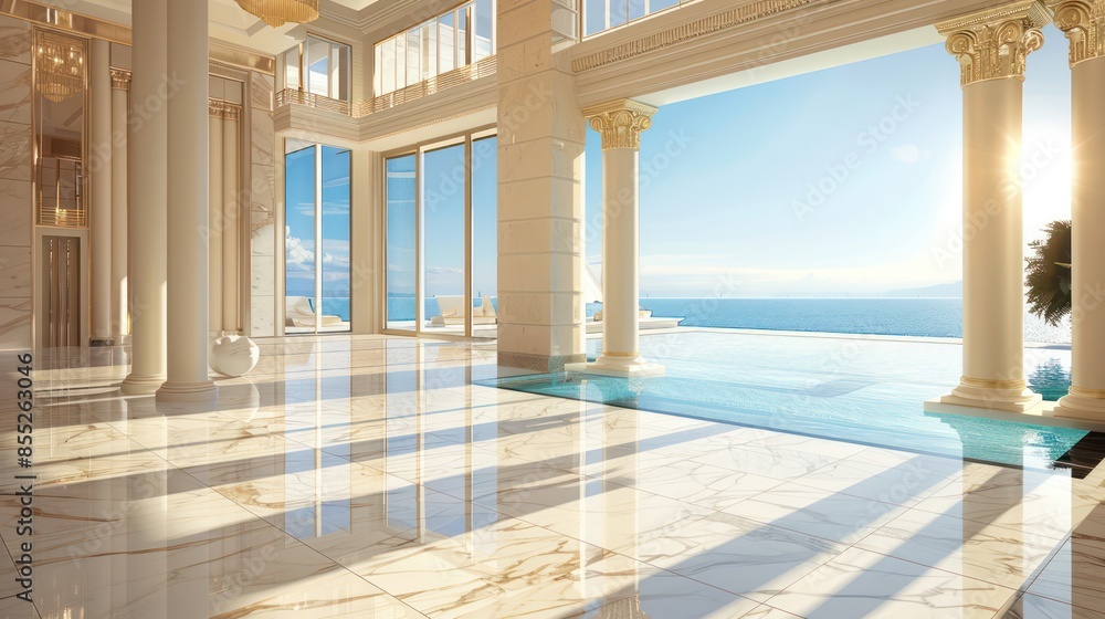 Fototapeta premium A luxurious hall with marble floors, columns, and an infinity pool overlooking the ocean, bathed in sunlight