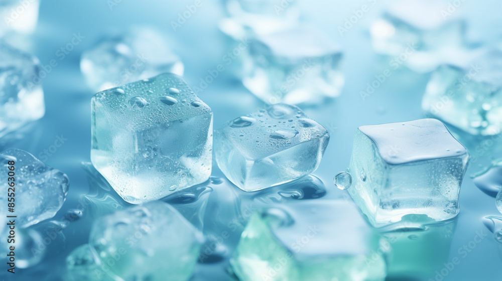 Obraz premium Ice cubes and waterdrops on blue background