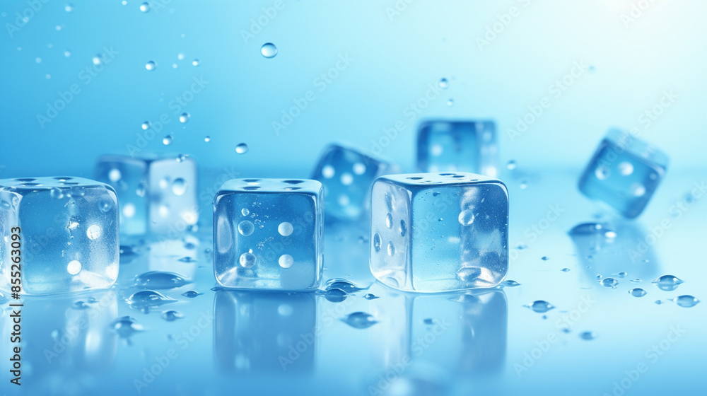 Ice cubes and waterdrops on blue background Ice cubes and waterdrops on blue background