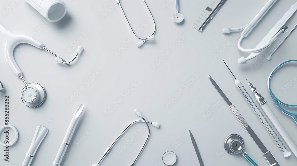 Detailed healthcare professional tools on a plain background, with space for text, ideal for medical equipment showcases and healthcare facilities Detailed healthcare professional tools on a plain background, with space for text, ideal for medical equipment showcases and healthcare facilities